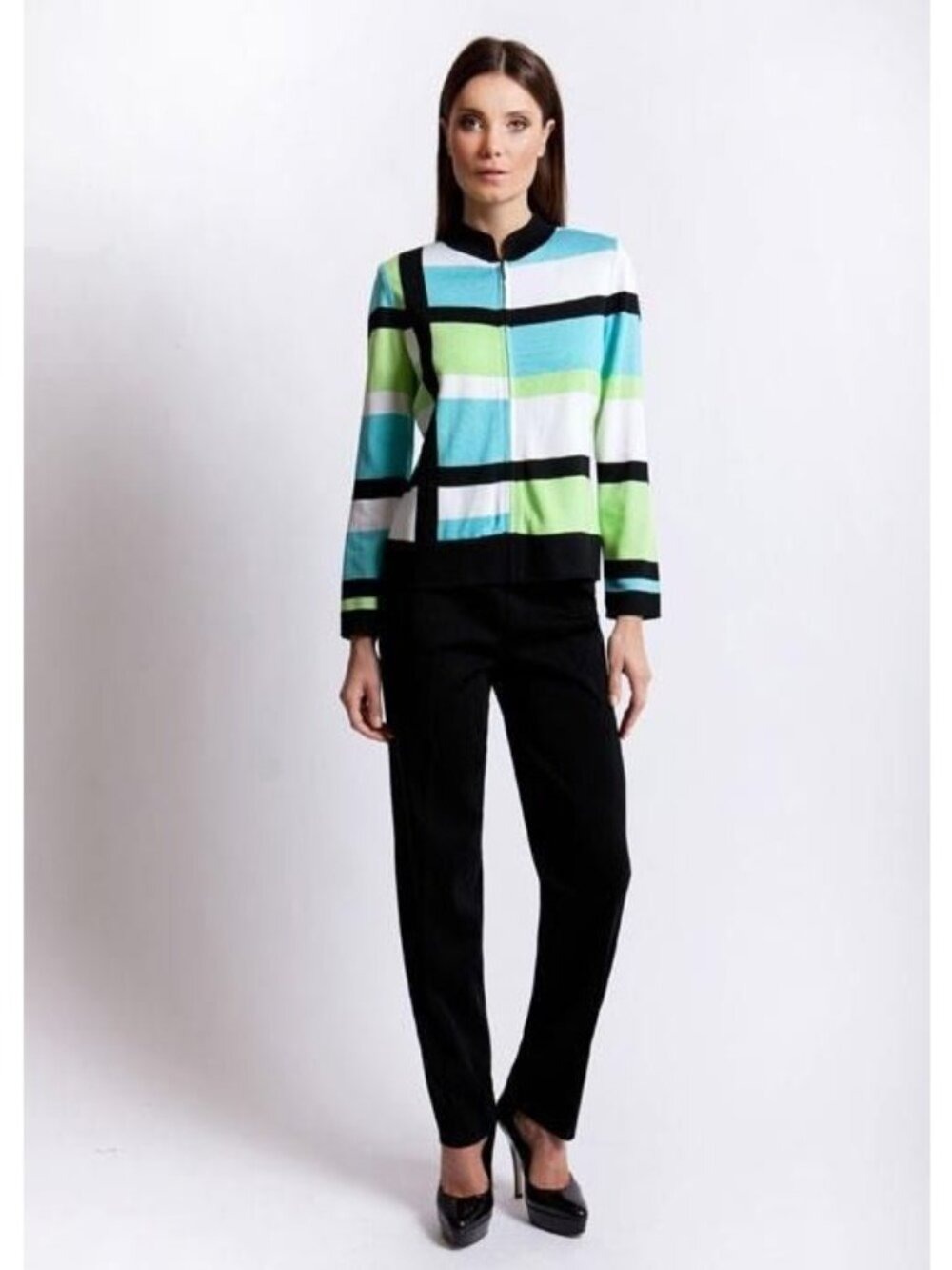 Ming Wang PS Womens Color Block Acrylic Zip Front Cardigan Sweater Petite Small